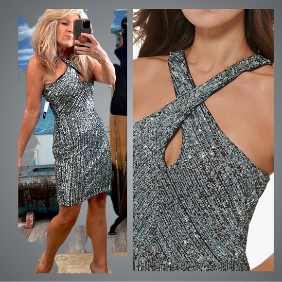 NWT, GUESS Women's Sequin Mesh Cross Over Bodice Top, Size 4 - Picture 1 of 5